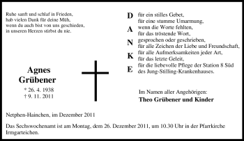 Traueranzeige von Agnes Grübener von Tageszeitung