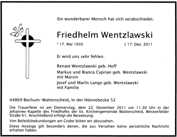 Traueranzeige von Friedhelm Wentzlawski von Tageszeitung