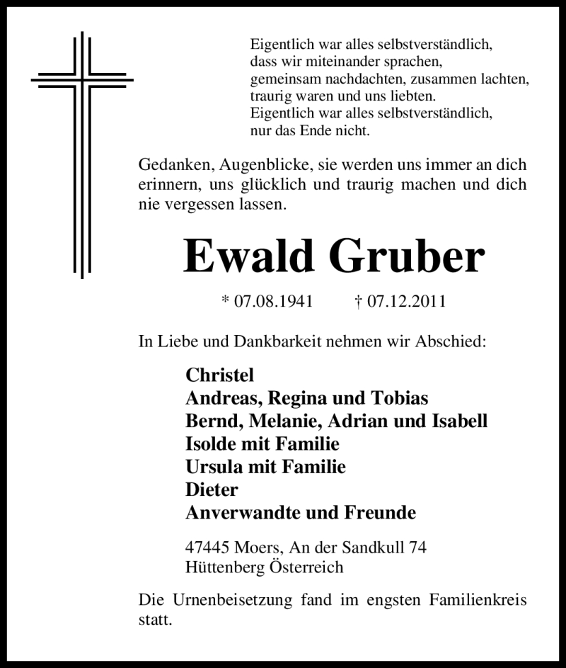  Traueranzeige für Ewald Gruber vom 21.12.2011 aus Tageszeitung