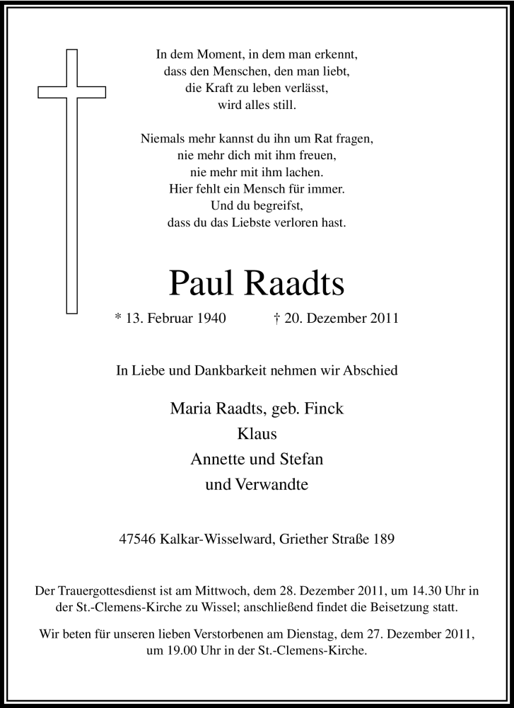 Traueranzeige für Paul Raadts vom 22.12.2011 aus Tageszeitung