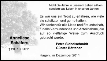 Traueranzeige von Anneliese Schäfers von Tageszeitung