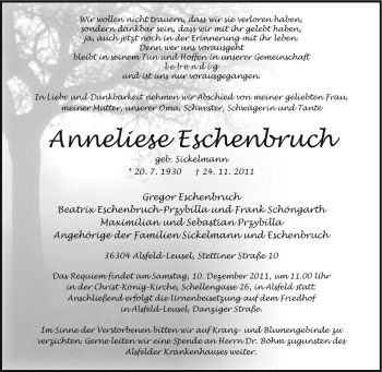 Traueranzeige von Anneliese Eschenbruch von Tageszeitung