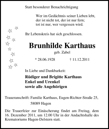 Traueranzeige von Brunhilde Karthaus von Tageszeitung