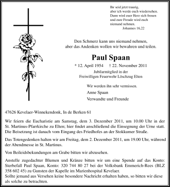 Traueranzeige von Paul Spaan von Tageszeitung