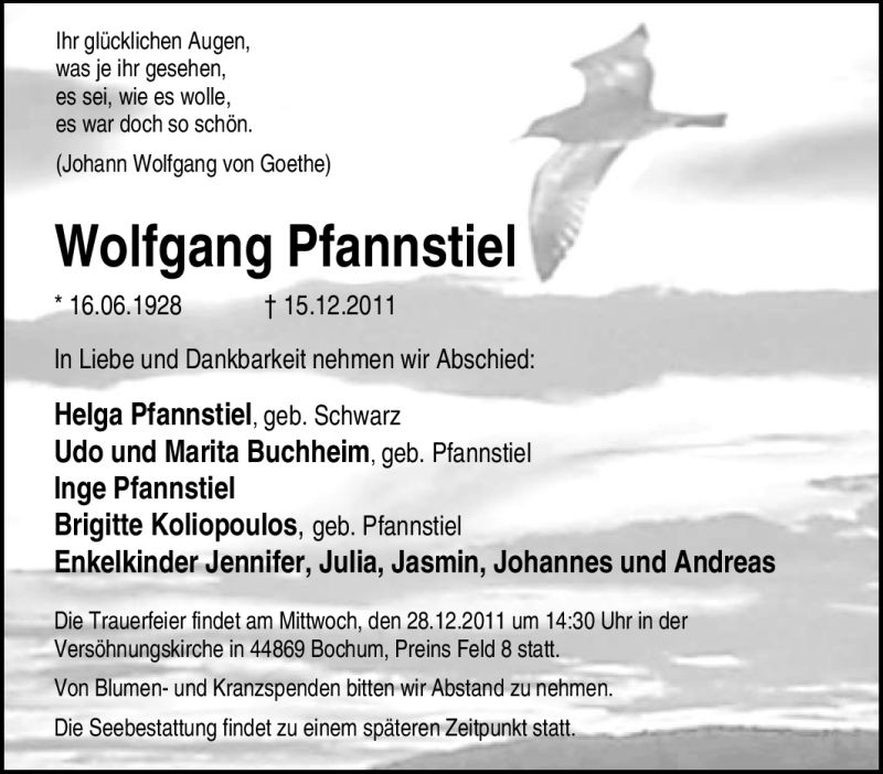Traueranzeigen von Wolfgang Pfannstiel TrauerinNRW.de