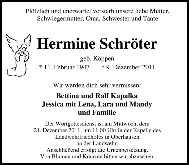  Traueranzeige für Hermine Schröter vom 19.12.2011 aus Tageszeitung