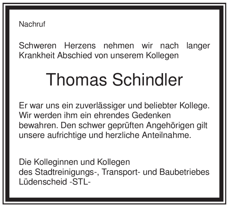  Traueranzeige für Thomas Schindler vom 17.12.2011 aus Tageszeitung