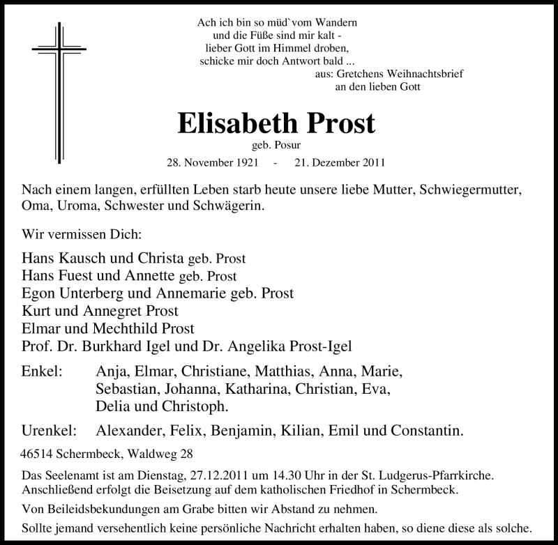  Traueranzeige für Elisabeth Prost vom 24.12.2011 aus Tageszeitung