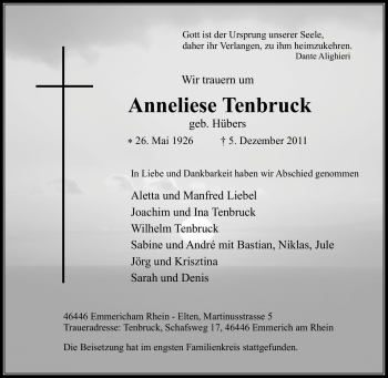Traueranzeige von Anneliese Tenbruck von Tageszeitung
