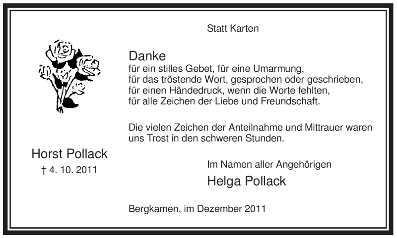  Traueranzeige für Horst Pollack vom 03.12.2011 aus Tageszeitung