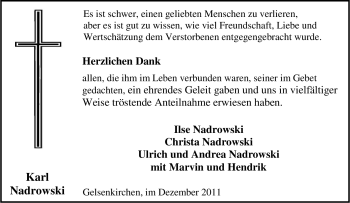Traueranzeige von Karl Nadrowski von Tageszeitung