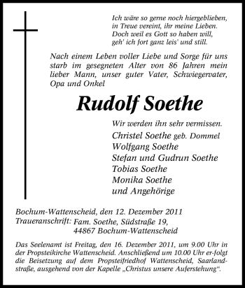 Traueranzeige von Rudolf Soethe von Tageszeitung
