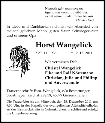 Traueranzeige von Horst Wangelick von Tageszeitung