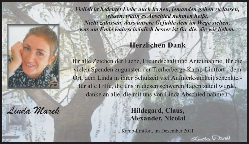  Traueranzeige für Linda Marek vom 07.12.2011 aus Tageszeitung