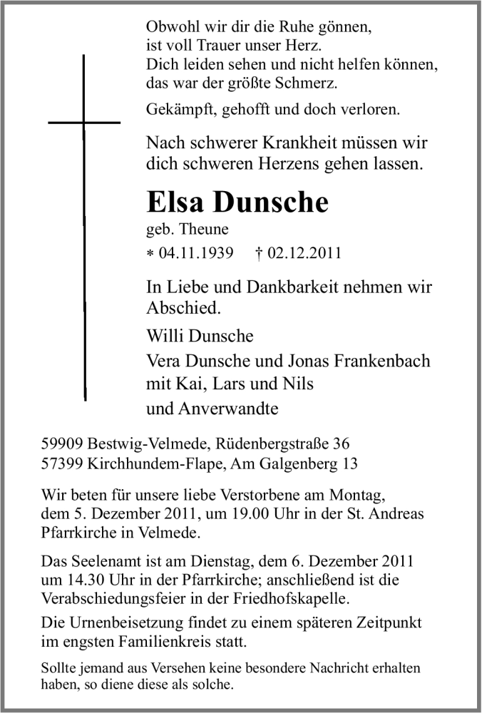  Traueranzeige für Elsa Dunsche vom 03.12.2011 aus Tageszeitung