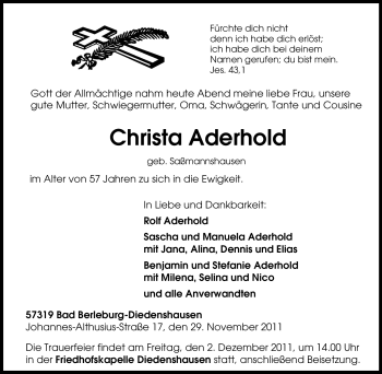 Traueranzeige von Christa Aderhold von Tageszeitung