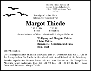 Traueranzeige von Margot Thiede von Tageszeitung
