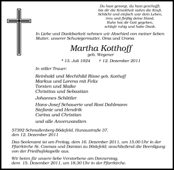 Traueranzeige von Martha Kotthoff von Tageszeitung