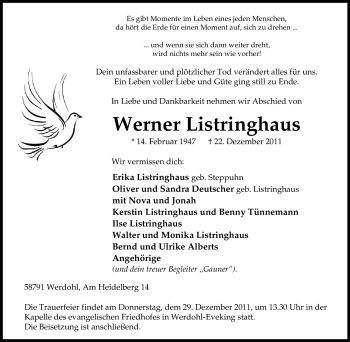 Traueranzeige von Werner Listringhaus von Tageszeitung
