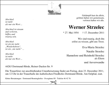 Traueranzeige von Strzelec Unbekannt von Tageszeitung