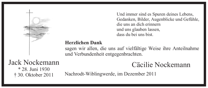  Traueranzeige für Jack Nockemann vom 03.12.2011 aus Tageszeitung