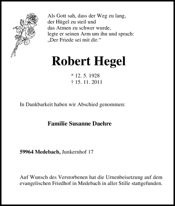 Traueranzeige von Robert Hegel von Tageszeitung
