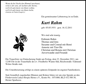 Traueranzeige von Kurt Rahm von Tageszeitung