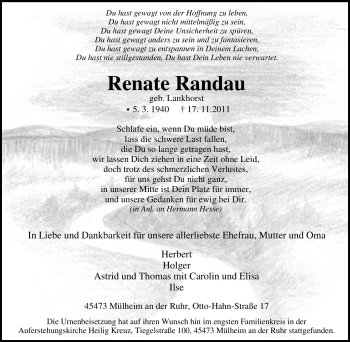 Traueranzeige von Renate Randau von Tageszeitung
