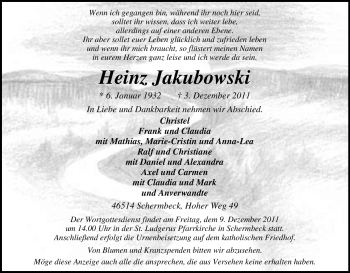 Traueranzeige von Heinz Jakubowski von Tageszeitung