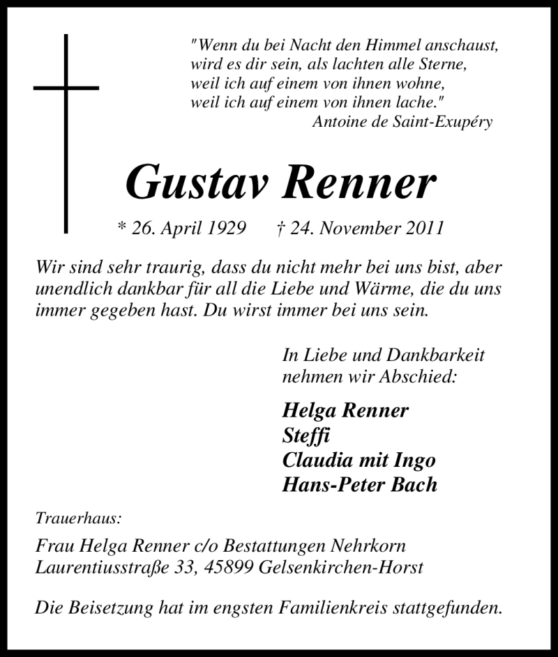  Traueranzeige für Gustav Renner vom 02.12.2011 aus Tageszeitung