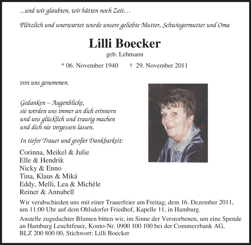 Traueranzeige für Lilli Boecker vom 10.12.2011 aus Tageszeitung