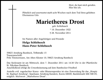 Traueranzeige von Marietheres Drost von Tageszeitung