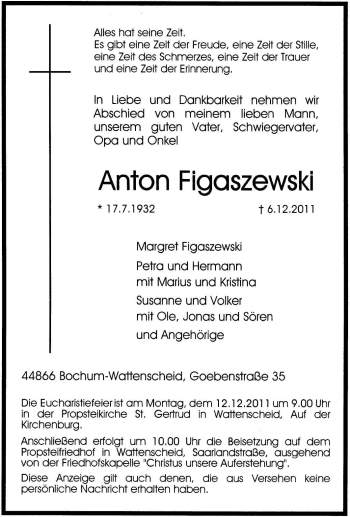 Traueranzeige von Anton Figaszewski von Tageszeitung