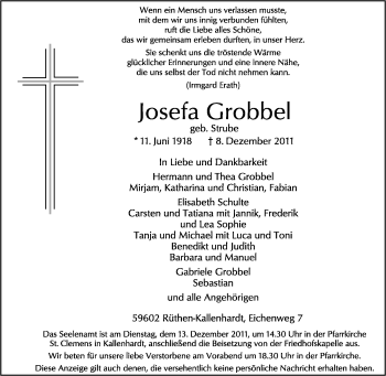 Traueranzeige von Josefa Grobbel von Tageszeitung
