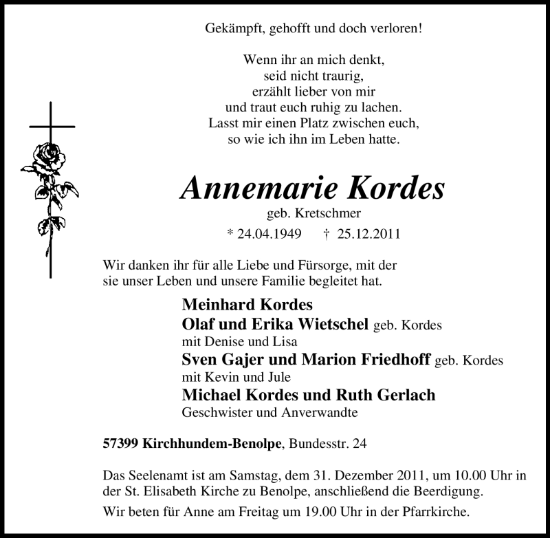  Traueranzeige für Annemarie Kordes vom 28.12.2011 aus Tageszeitung