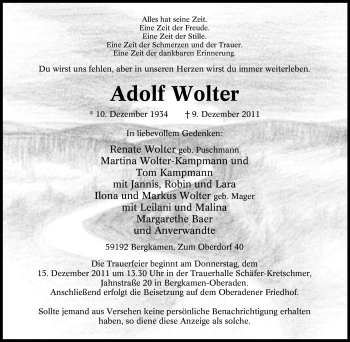 Traueranzeige von Adolf Wolter von Tageszeitung