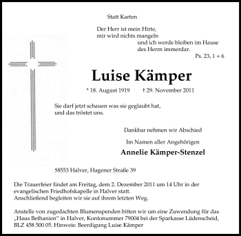 Traueranzeige von Luise Kämper von Tageszeitung