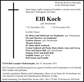Traueranzeige von Elfi Koch von Tageszeitung