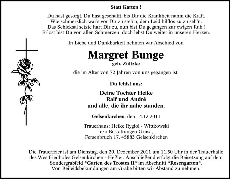  Traueranzeige für Margret Bunge vom 17.12.2011 aus Tageszeitung