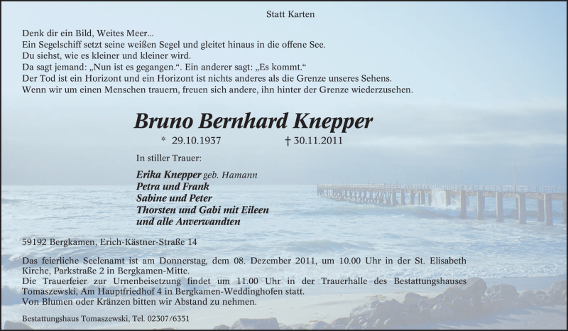  Traueranzeige für Bruno Bernhard Knepper vom 03.12.2011 aus Tageszeitung