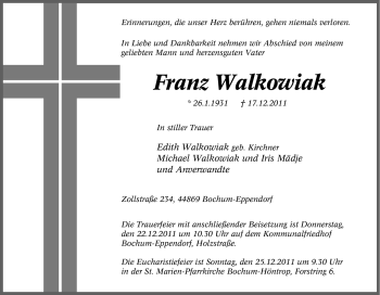 Traueranzeige von Franz Walkowiak von Tageszeitung