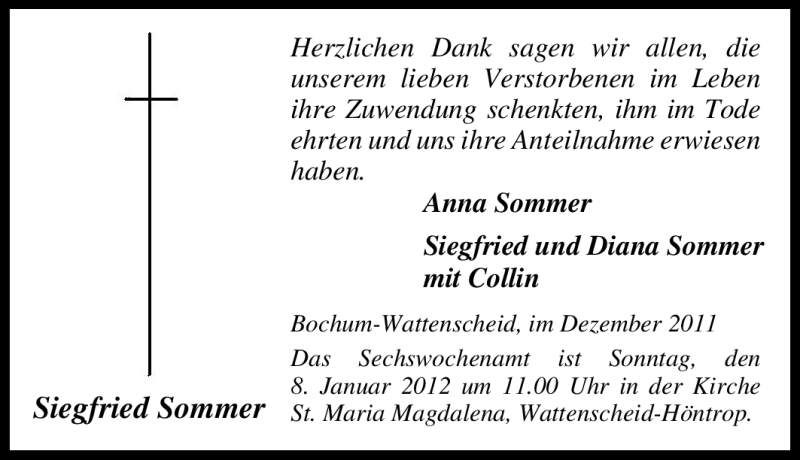  Traueranzeige für Siegfried Sommer vom 31.12.2011 aus Tageszeitung