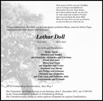 Traueranzeige von Lothar Doll von Tageszeitung