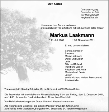 Traueranzeige von Markus Laakmann von Tageszeitung