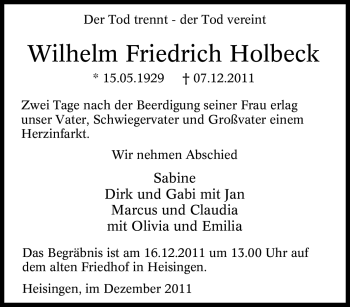 Traueranzeige von Wilhelm Friedrich Holbeck von Tageszeitung