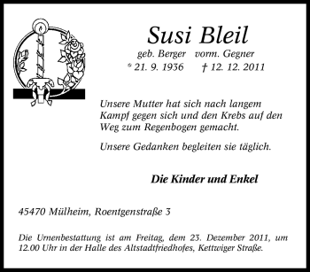 Traueranzeige von Susi Bleil von Tageszeitung
