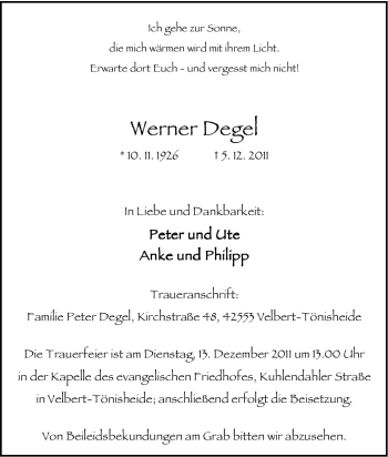 Traueranzeige von Werner Degel von Tageszeitung