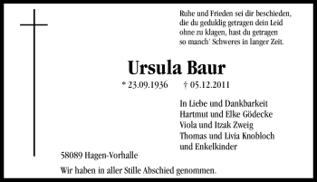 Traueranzeige von Ursula Baur von Tageszeitung