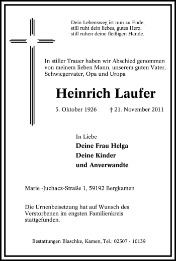 Traueranzeige von Heinrich Laufer von Tageszeitung