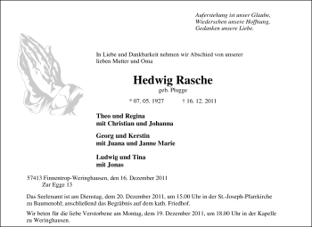 Traueranzeige von Hedwig Rasche von Tageszeitung